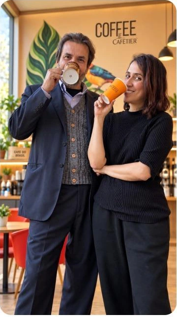 Os fundadores da Bitcoffee compartilhando um café na cafeteria
